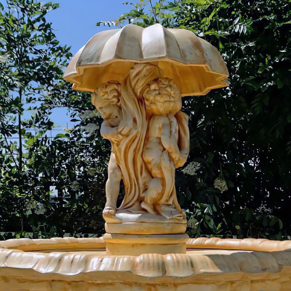  Puttenfiguren Unter Regenschirm Als Springbrunnen Skulpturen Auf Steinguss Fontäne - Fiorenzo