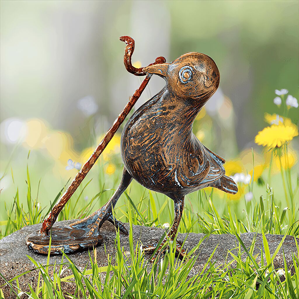  Robuste Bronzefigur Vogel Frisst Wurm - Vogel Mit Wurm