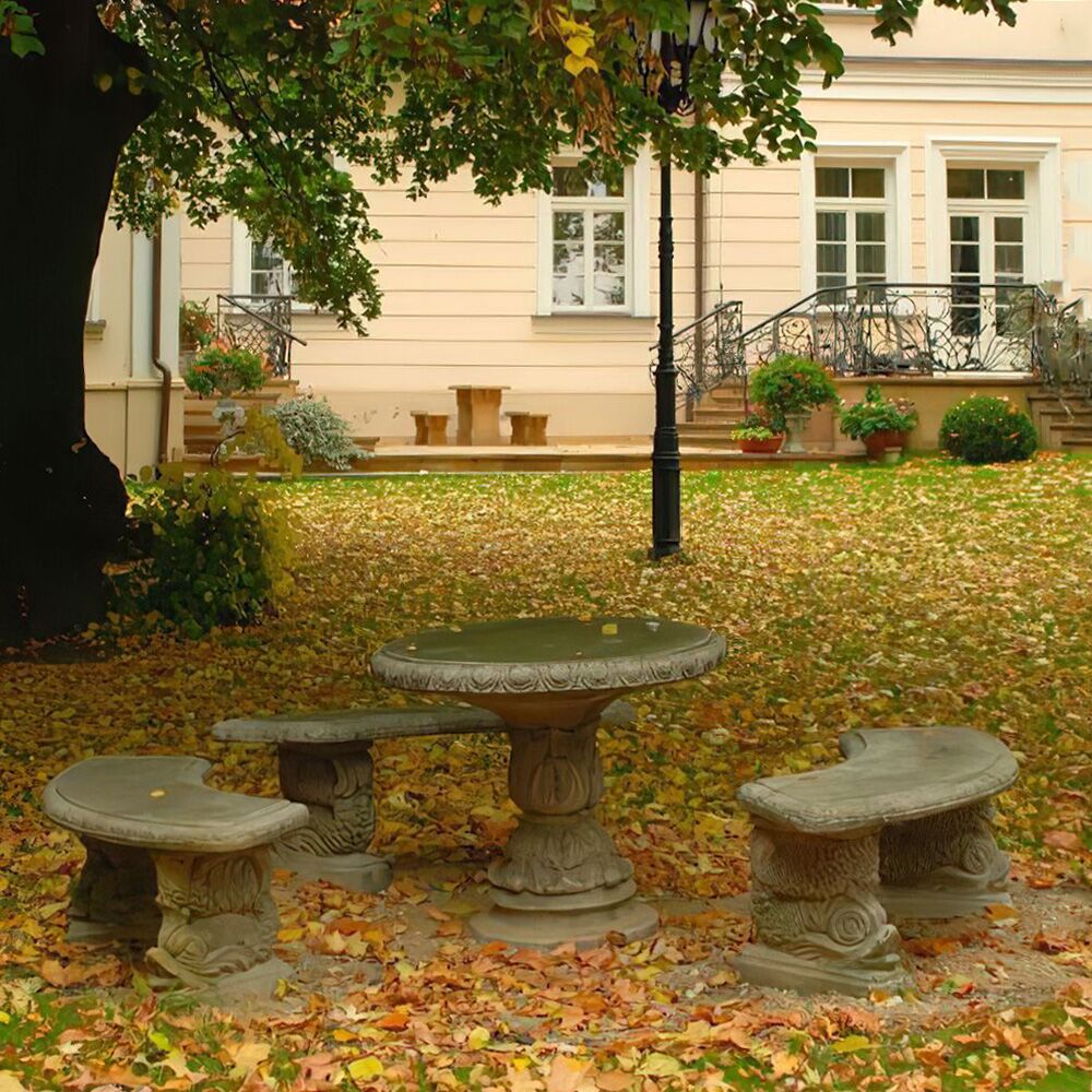 Romantische Sitzgruppe - Runder Steinguss Tisch Und Halbrunde Bänke Mit Fisch Motiv - Semele