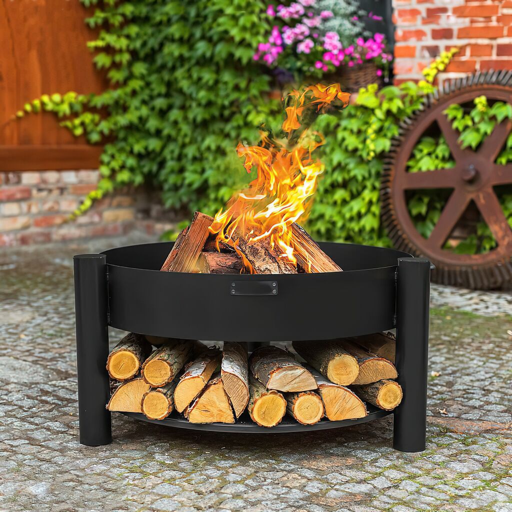  Runde Feuerschale Aus Stahl - Feuerstelle Mit Holzlager - Tilos Feuerschale