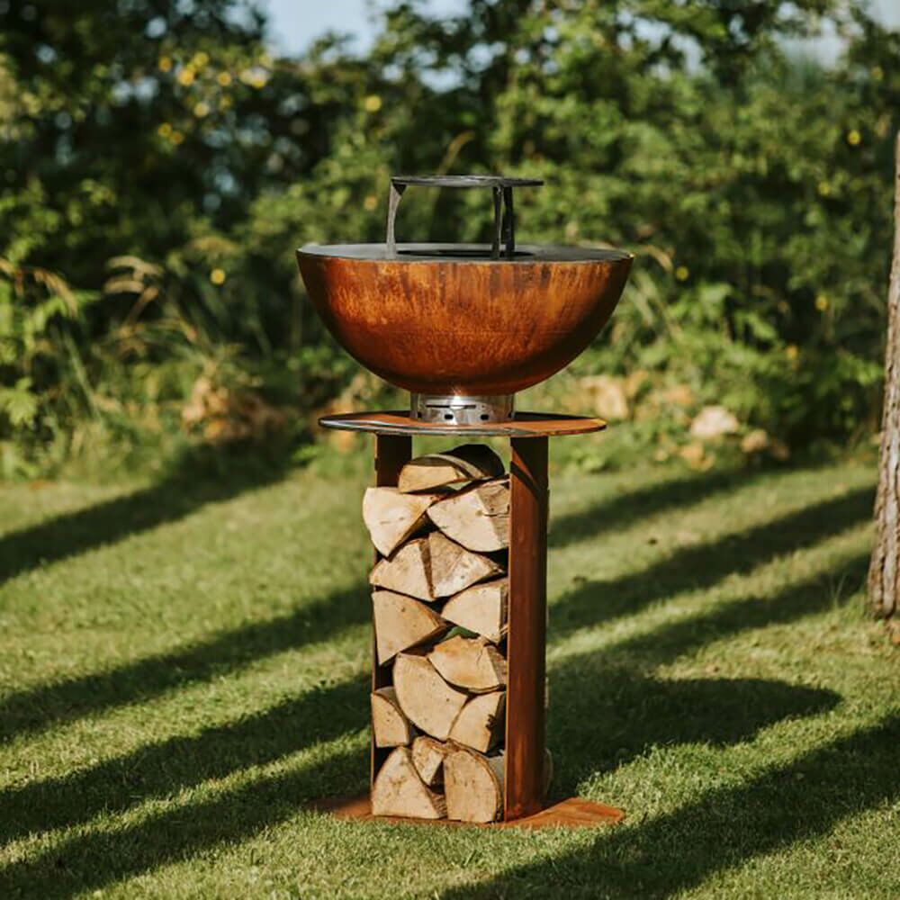  Runder Rostfarbener Gartengrill Aus Stahl Mit Fach Für Holz - Masuria - Stilo Grill