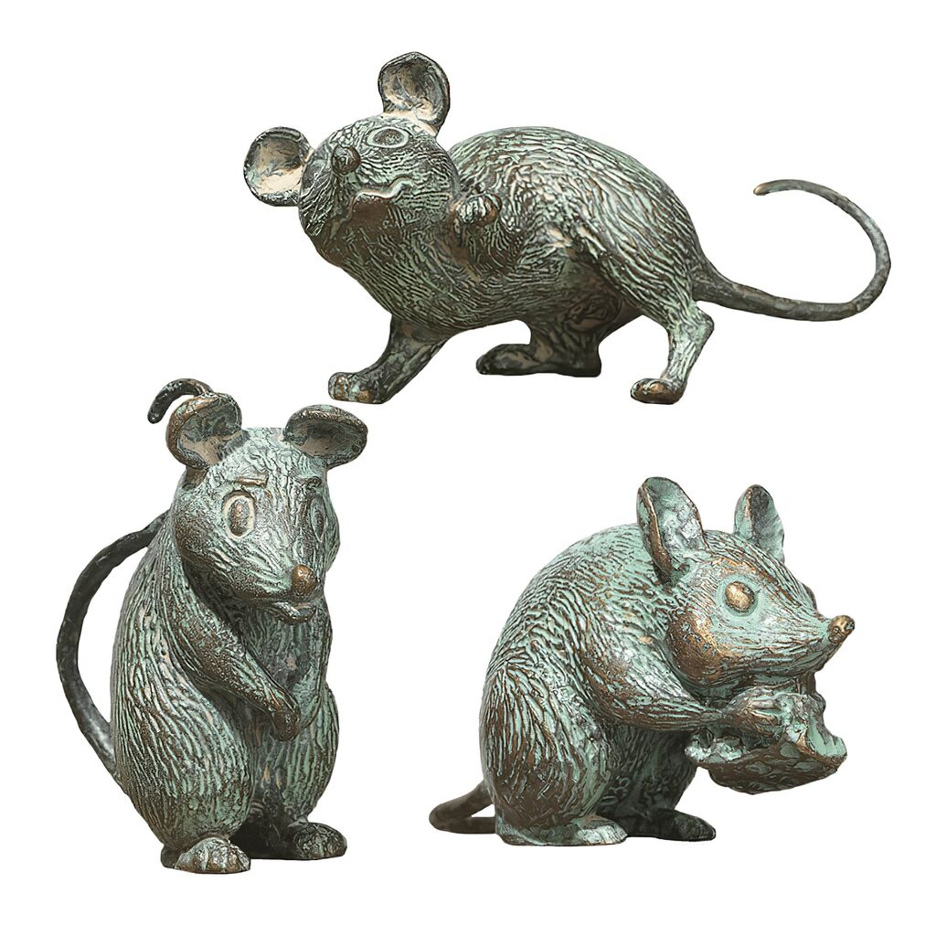  Set Aus 3 Bronze Mausfiguren Als Gartendekoration - Mäuse Set