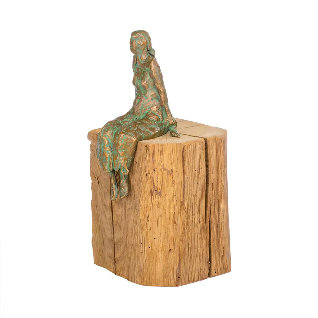  Sitzende Bronze Frauenskulptur Mit Holzsockel - Der Stille Lauschen