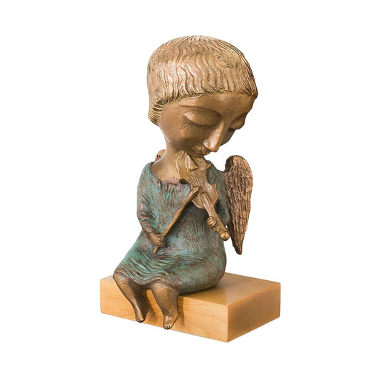  Sitzende Engelfigur Mit Holzpodest - Designer Bronze - Engel Mit Geige