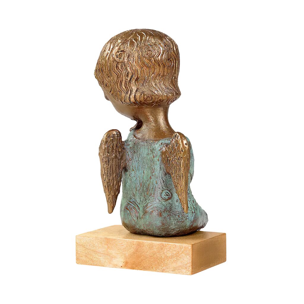  Sitzende Engelfigur Mit Holzpodest - Designer Bronze - Engel Mit Geige