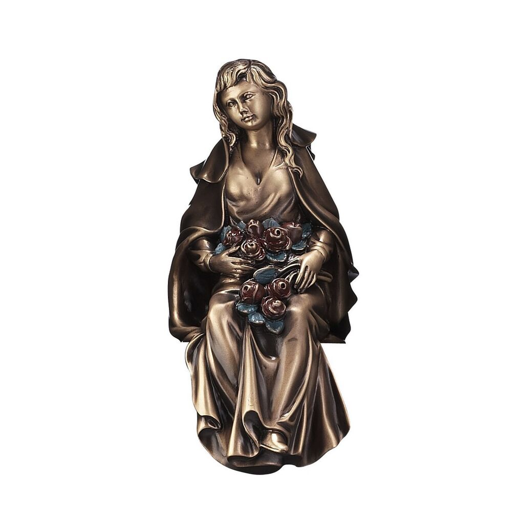  Sitzende Frau Gartenstatue Mit Roten Rosen Aus Bronze - Rosenmädchen