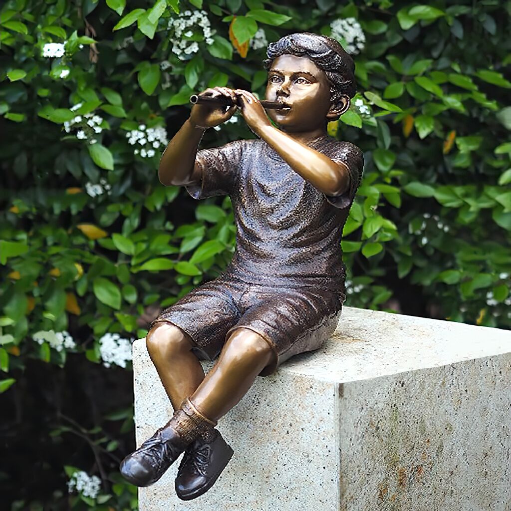 Sitzende Junge Spielt Flöte - Bronzefiguren - Flötenspieler Geran