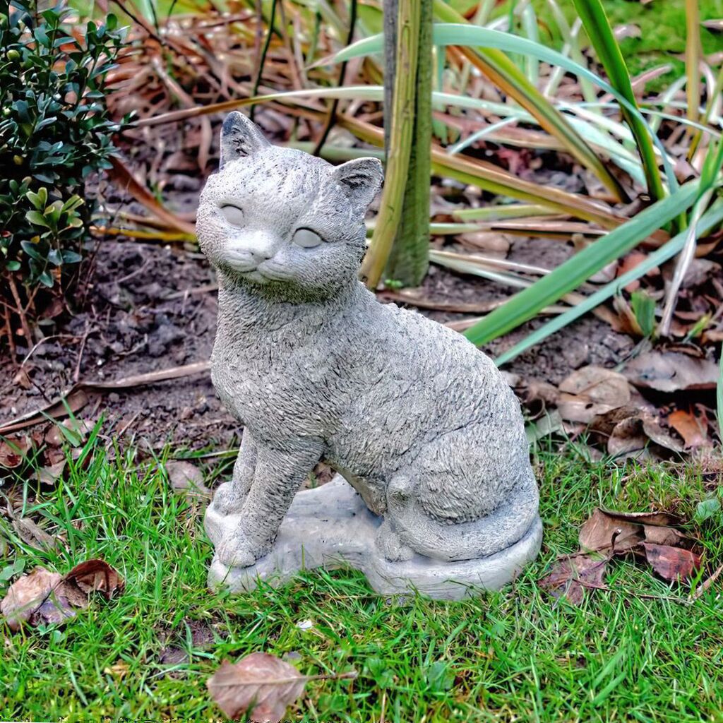  Sitzende Katzen Dekofigur Aus Steinguss - Skulptur Für Draußen - Clara
