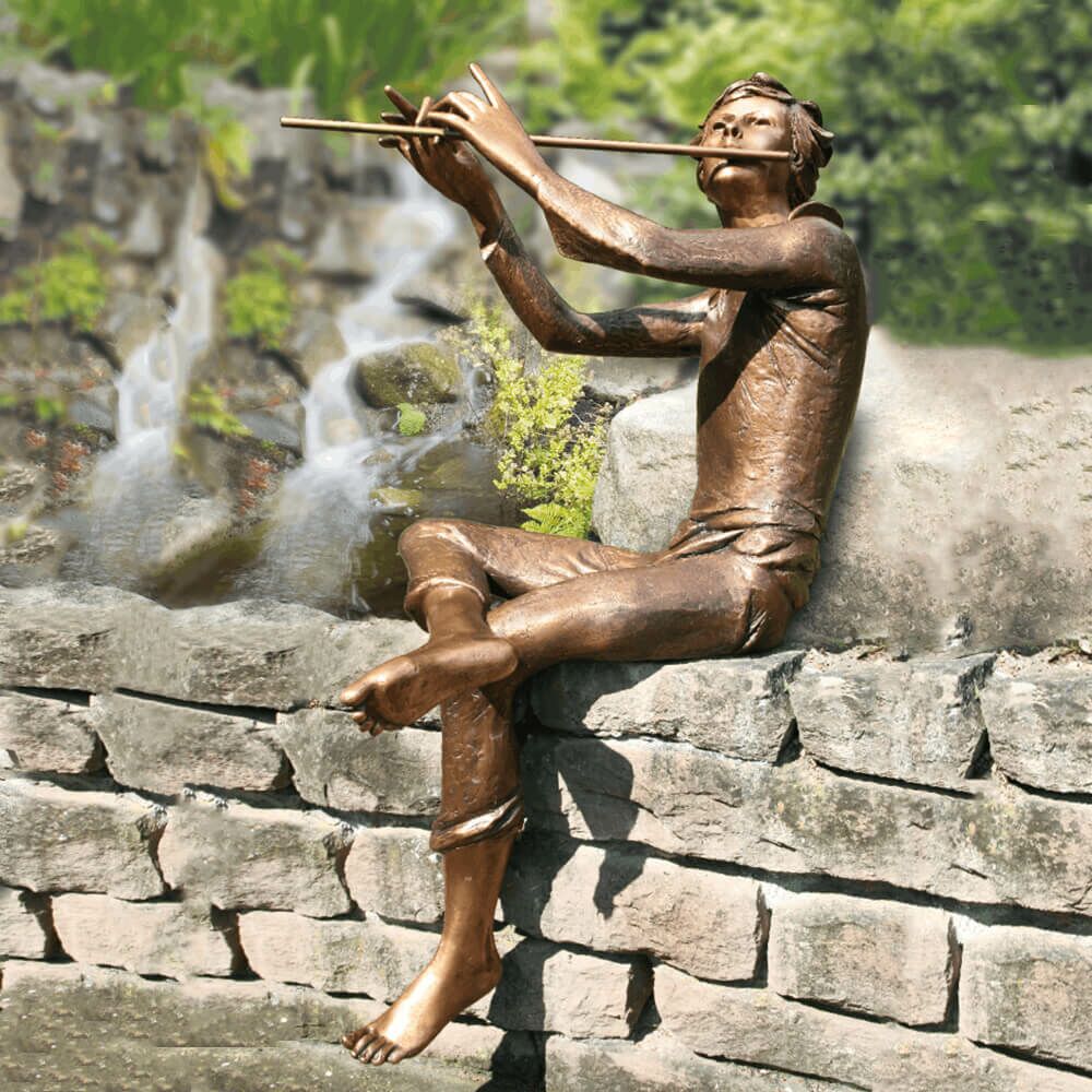  Sitzender Junge Mit Flöte Aus Bronze - Limitiert - Flötenspieler