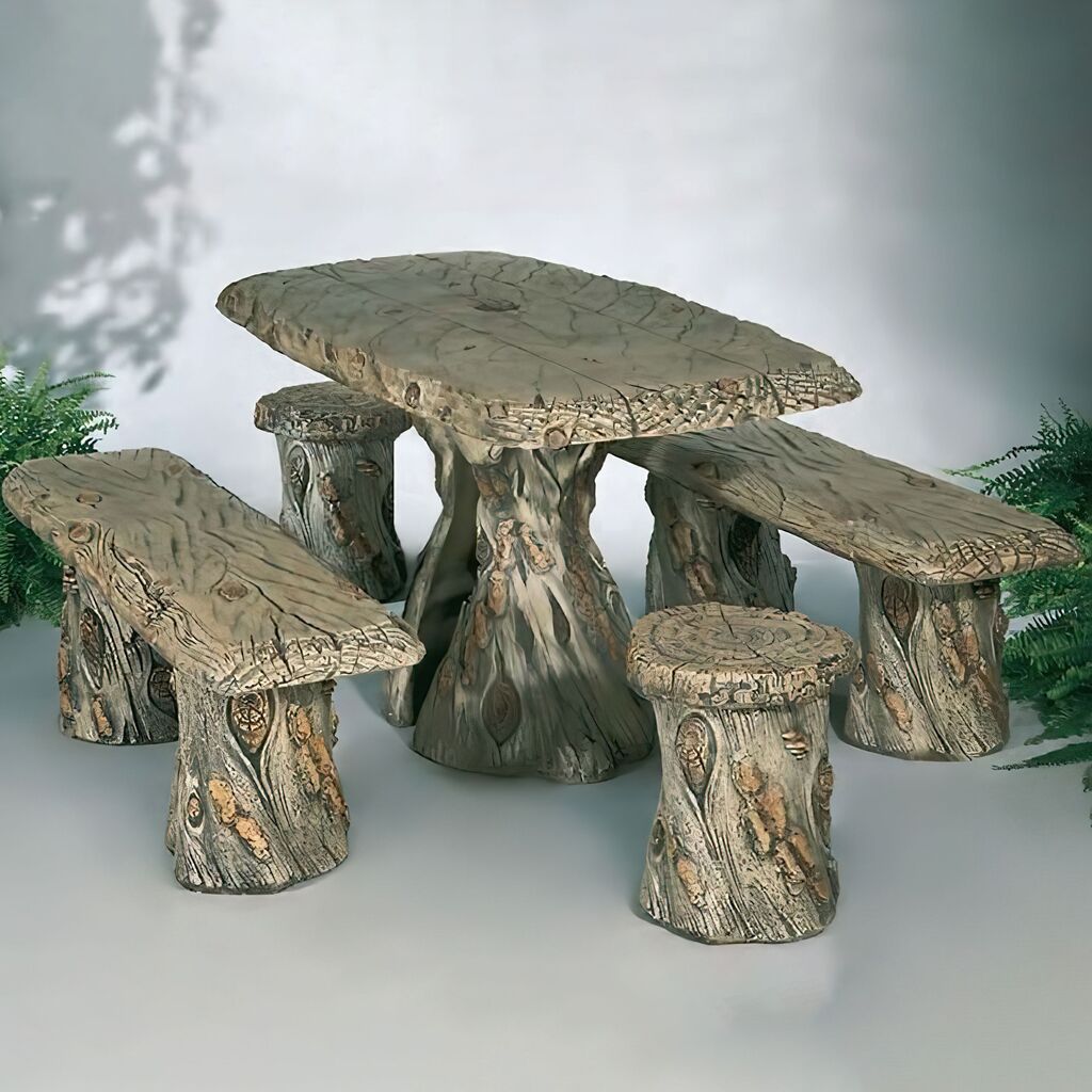  Sitzgarnitur Aus Steinguss Für Den Garten - Tisch, Bänke & Hocker Im Holzdesign - Tharalea