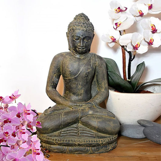  Steinfigur Buddha Sitzend Aus Antik Steinguss - Bundashra