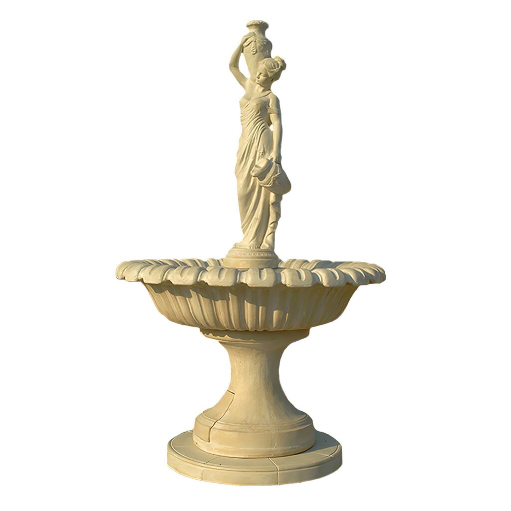  Steinguss Brunnen Komplett Set - Fontäne Mit Frauenskulptur & Umrandung Mit Muscheln - Natalina