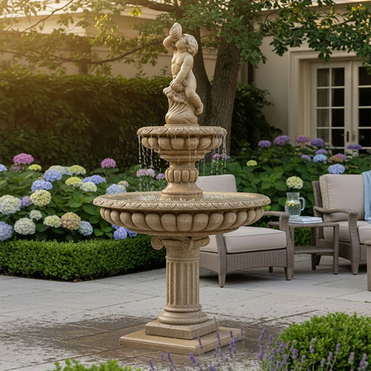 Steinguss Fontäne Für Den Garten Mit Wasserspeier - Junge Mit Muschel - Arnaldo