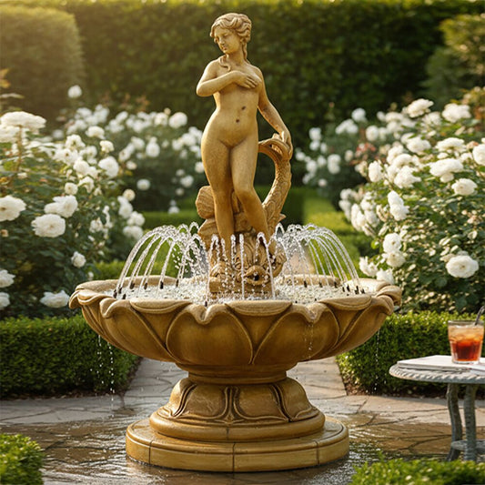  Steinguss Fontäne Für Gartenbrunnen - Frauenaktfigur Mit Fisch - Vanessa