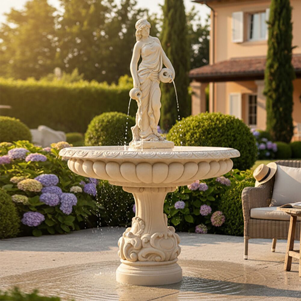  Steinguss Fontäne Mit Springbrunnen Figur - Mädchen Mit Krügen - Caterina
