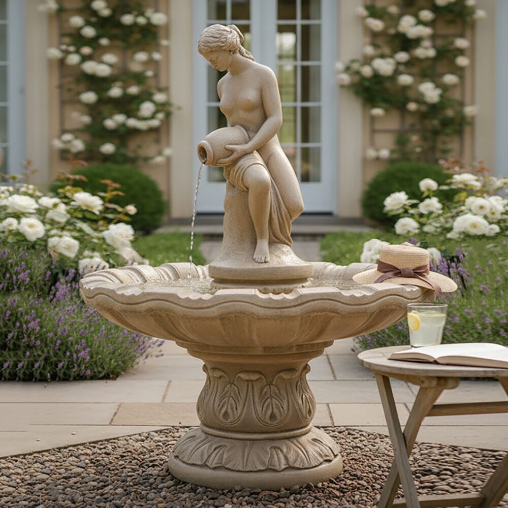  Steinguss Frauenskulptur Auf Stilvoller Gartenfontäne - Eindrucksvolles Wasserspiel - Loreen