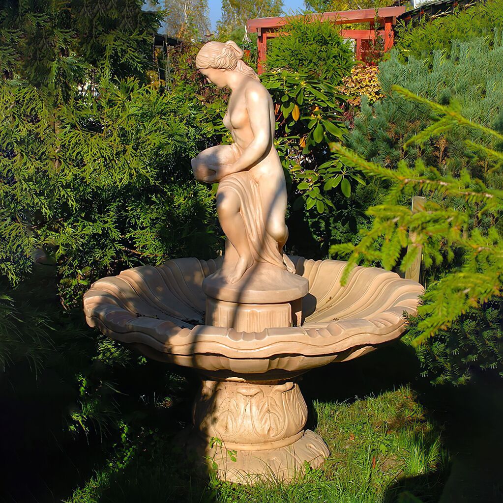  Steinguss Frauenskulptur Auf Stilvoller Gartenfontäne - Eindrucksvolles Wasserspiel - Loreen
