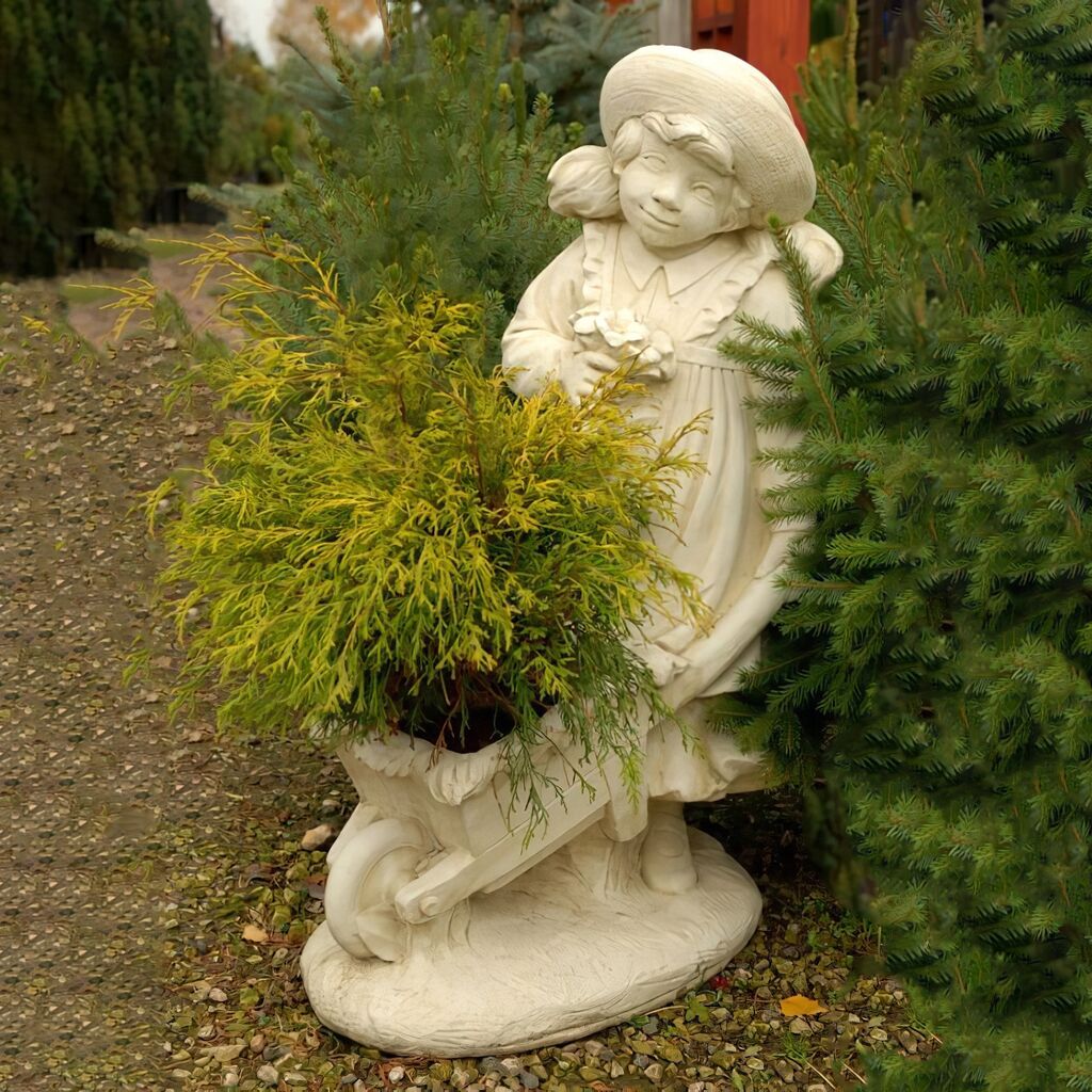  Steinguss Mädchen Skulptur Mit Schubkarre Zum Bepflanzen - Helia
