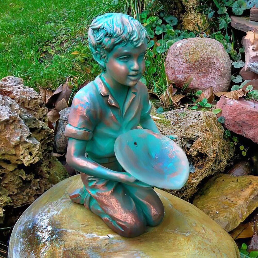 Steinguss Speier Dekofigur - Junge Mit Blatt Für Den Gartenteich - Ouranos