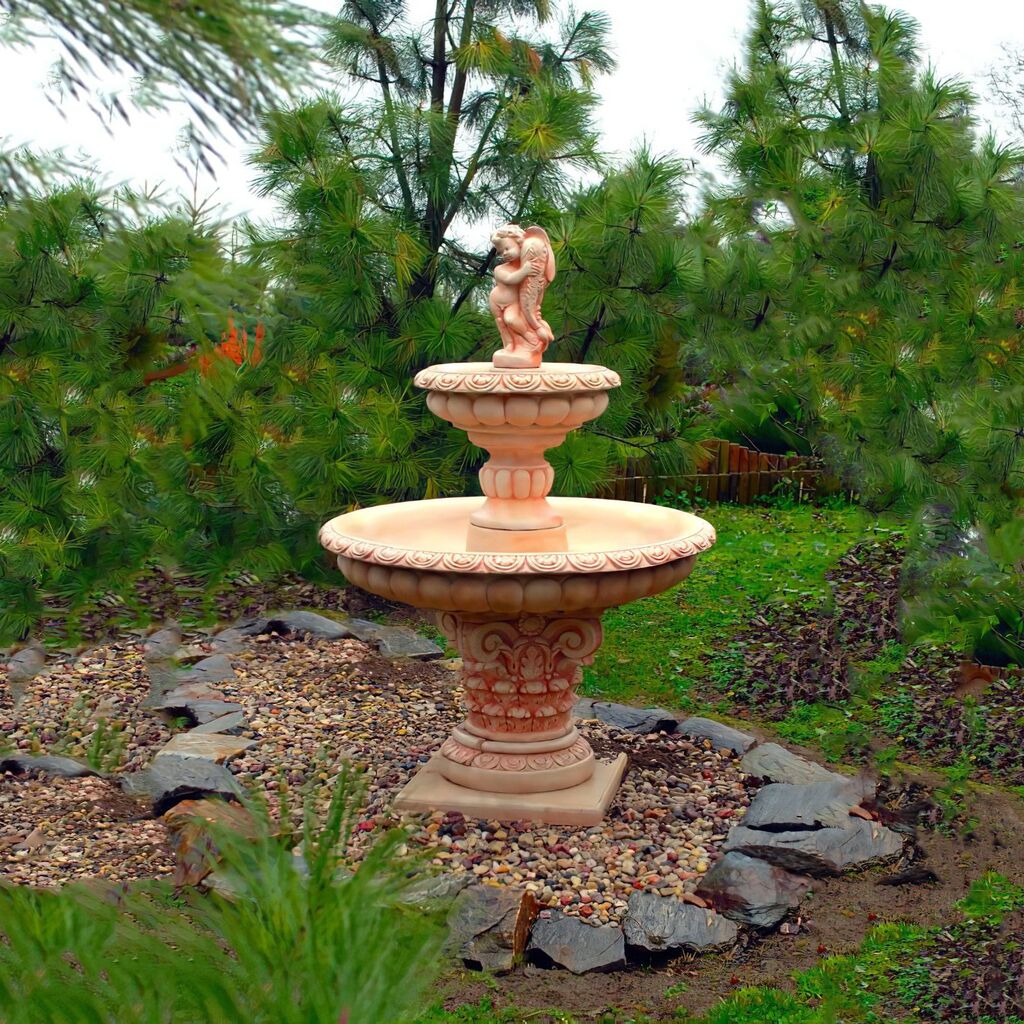  Steinguss Springbrunnen Für Den Garten - Junge Mit Fisch - Laurenz