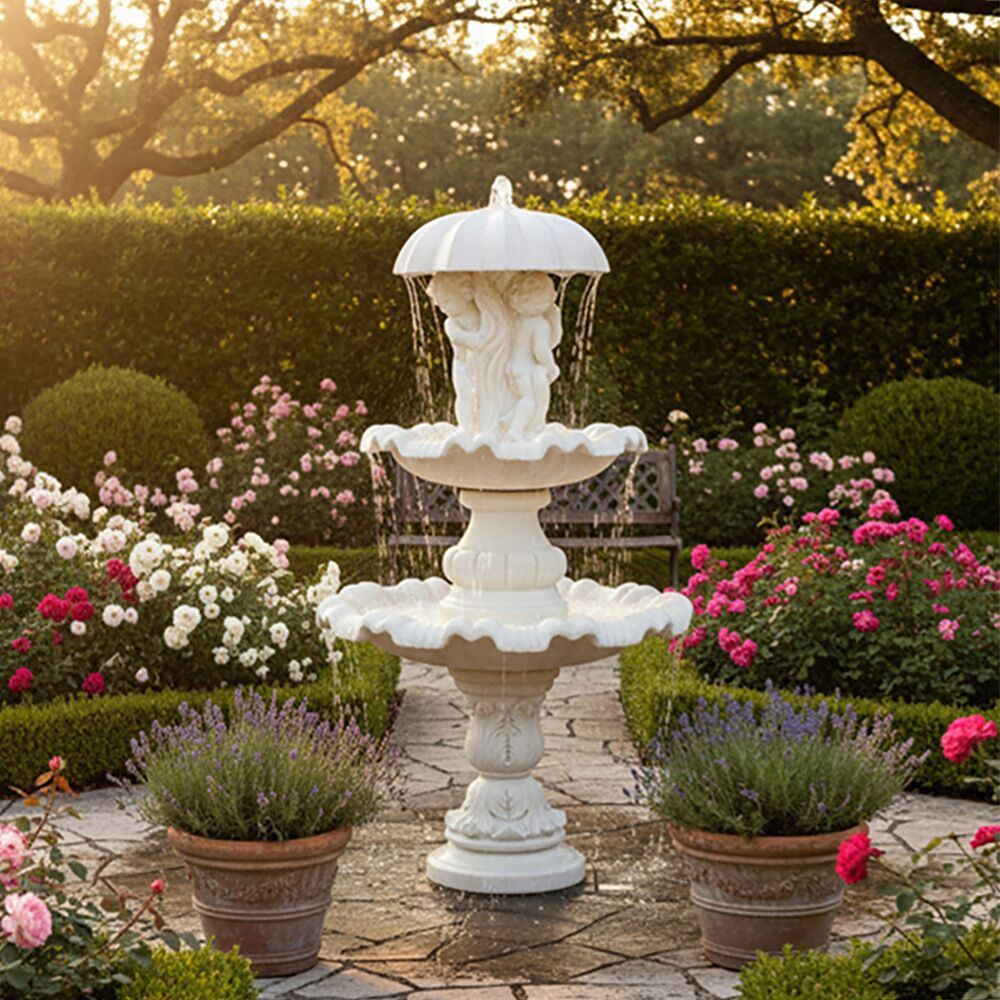  Steinguss Springbrunnen Mit Puttenfiguren Unter Schirm - Piovere