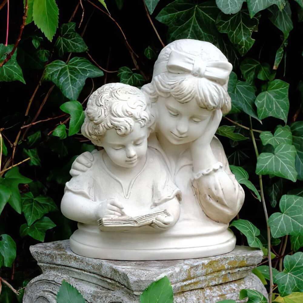  Stilvolle Gartenbüste Aus Steinguss - Geschwister Kinder Beim Gemeinsamen Lesen - Greta & Ivano