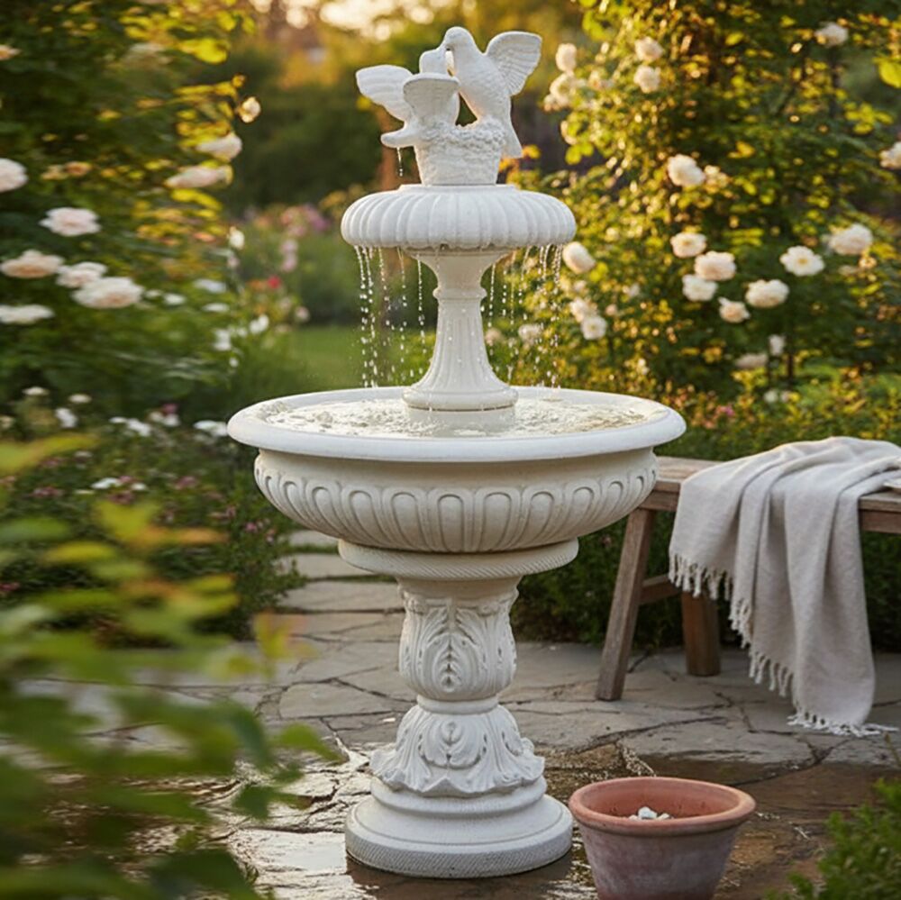  Stilvoller Garten Springbrunnen Aus Steinguss Mit Tauben Skulptur - Sophie