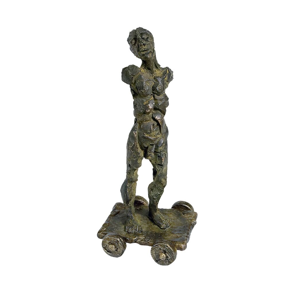  Streng Limitierte Künstlerskulptur Eines Bronzemannes - Mann Mit Wagen