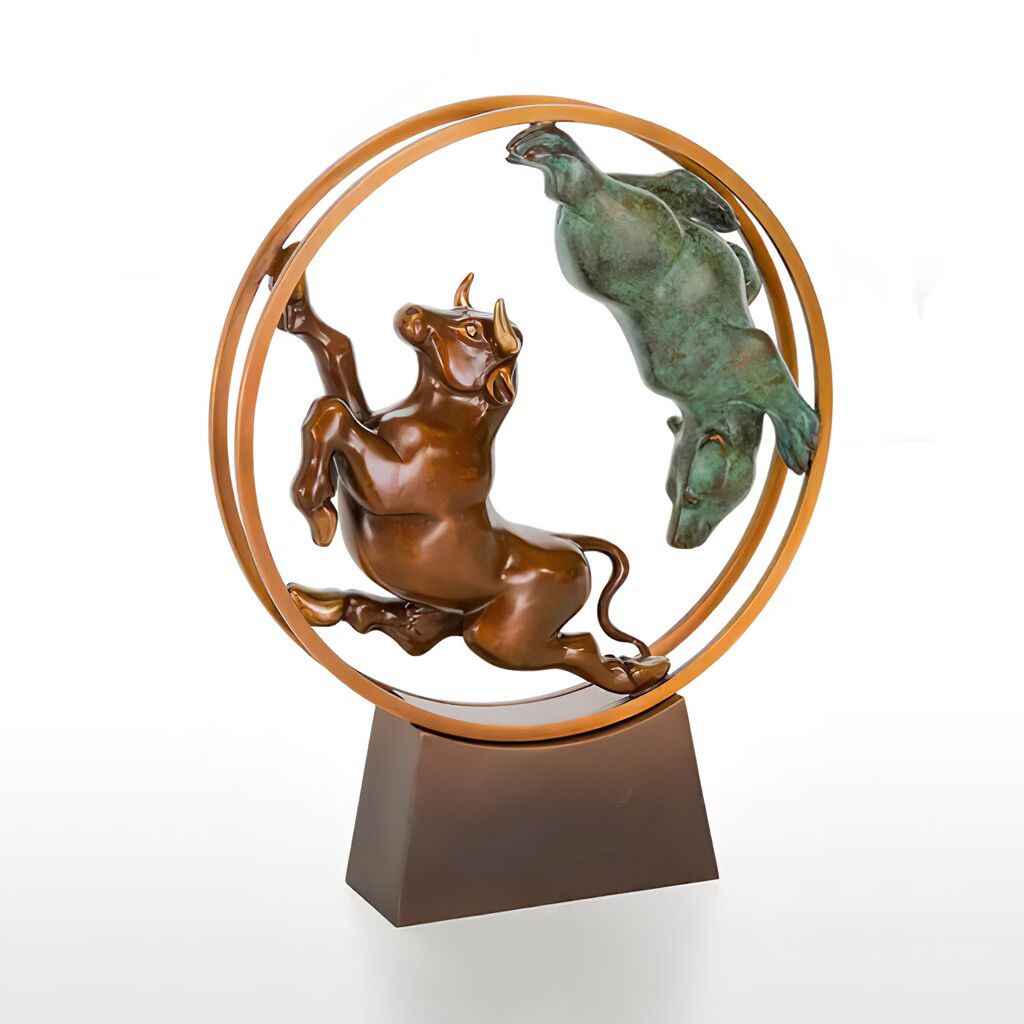  Tier Bronzeskulptur Aus Limitertem Handwerk - Bulle Und Bär Im Rad