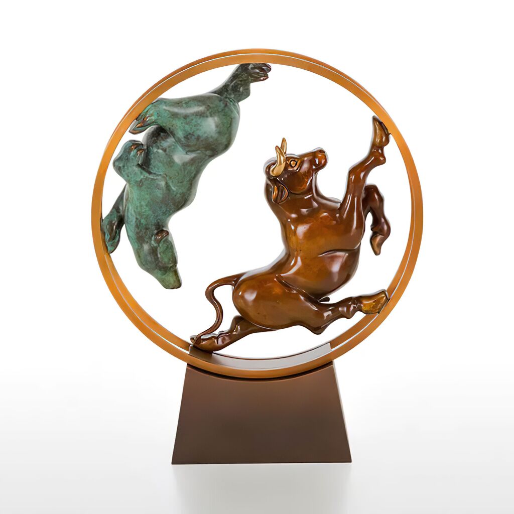  Tier Bronzeskulptur Aus Limitertem Handwerk - Bulle Und Bär Im Rad