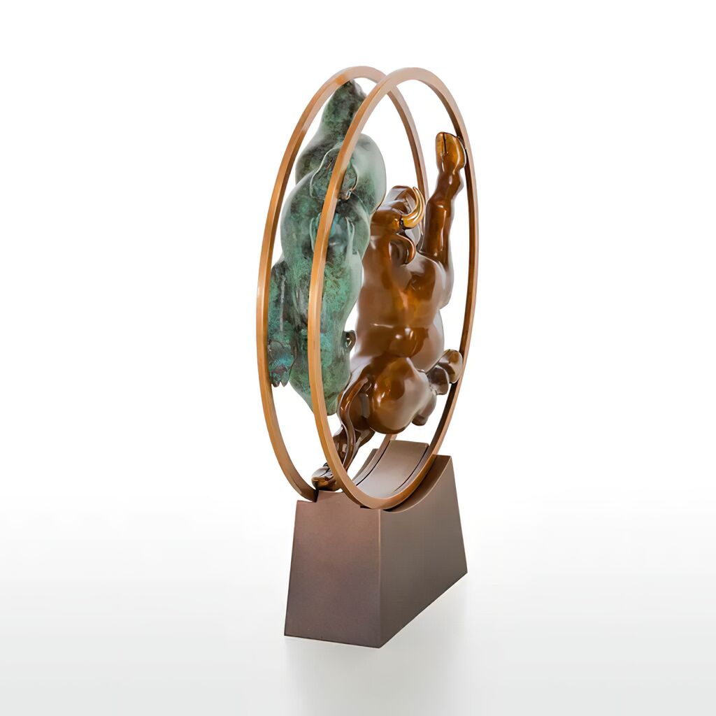  Tier Bronzeskulptur Aus Limitertem Handwerk - Bulle Und Bär Im Rad