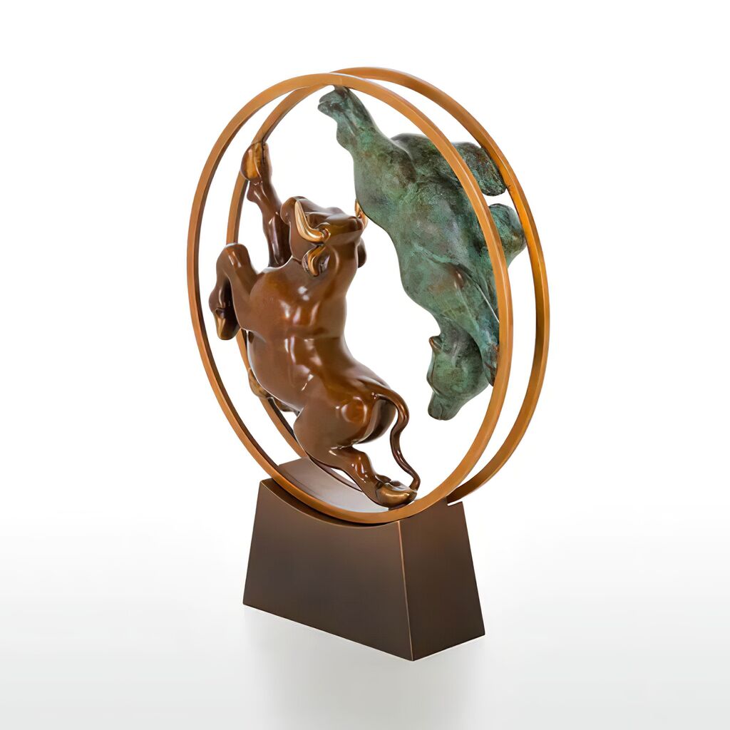  Tier Bronzeskulptur Aus Limitertem Handwerk - Bulle Und Bär Im Rad
