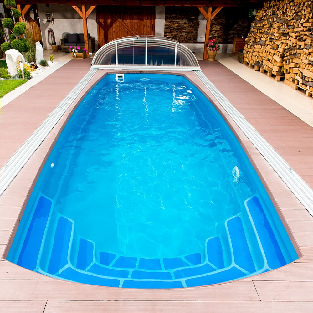  Viereckiger GFK Pool Aus Glasverbund - Komplettset - 350x750cm - Integrierte Breite Stufen - Groß - Mar Menor Smaragd