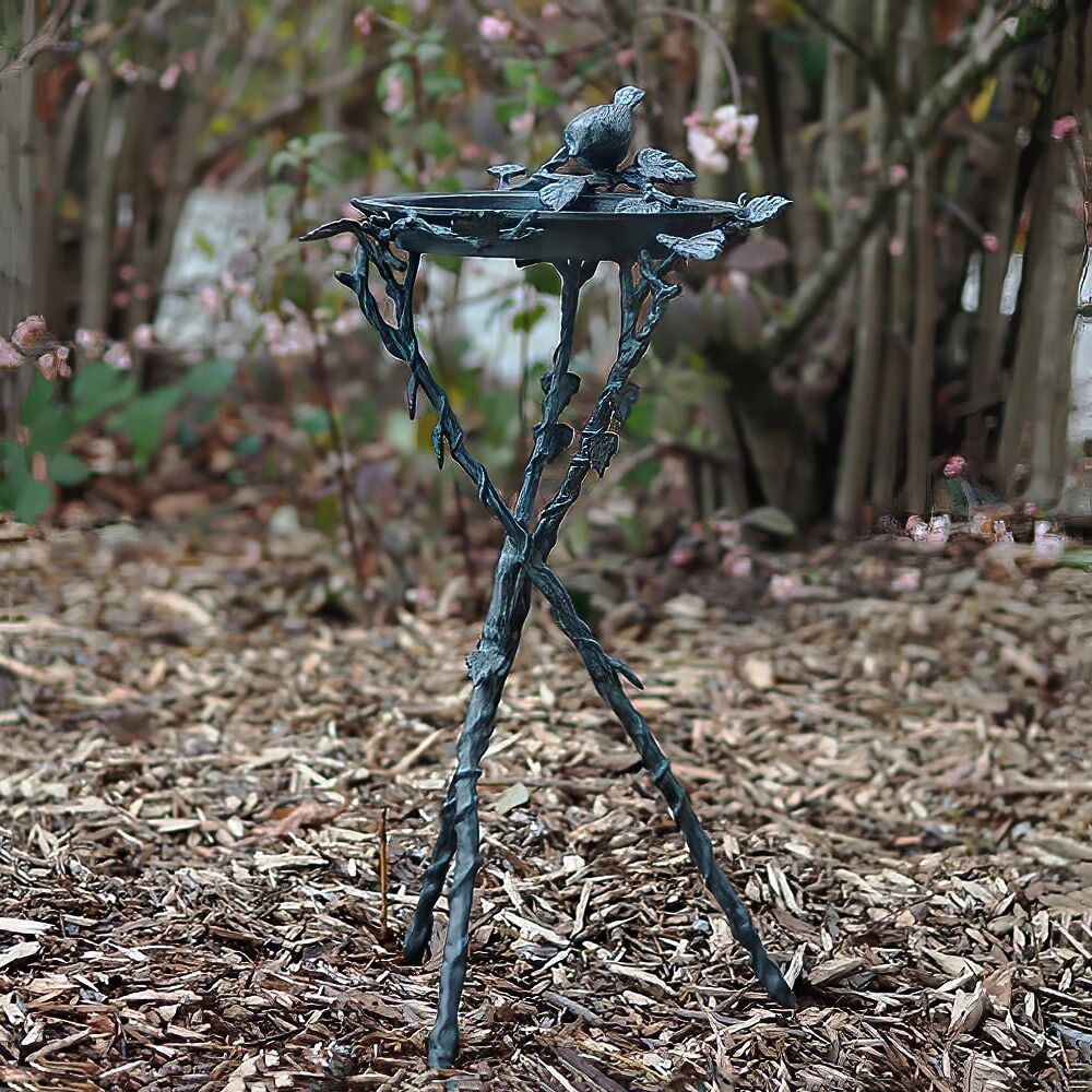  Vogelbad Im Floralen Design Mit Vogelfigur - Bronze Gartendeko - Anera